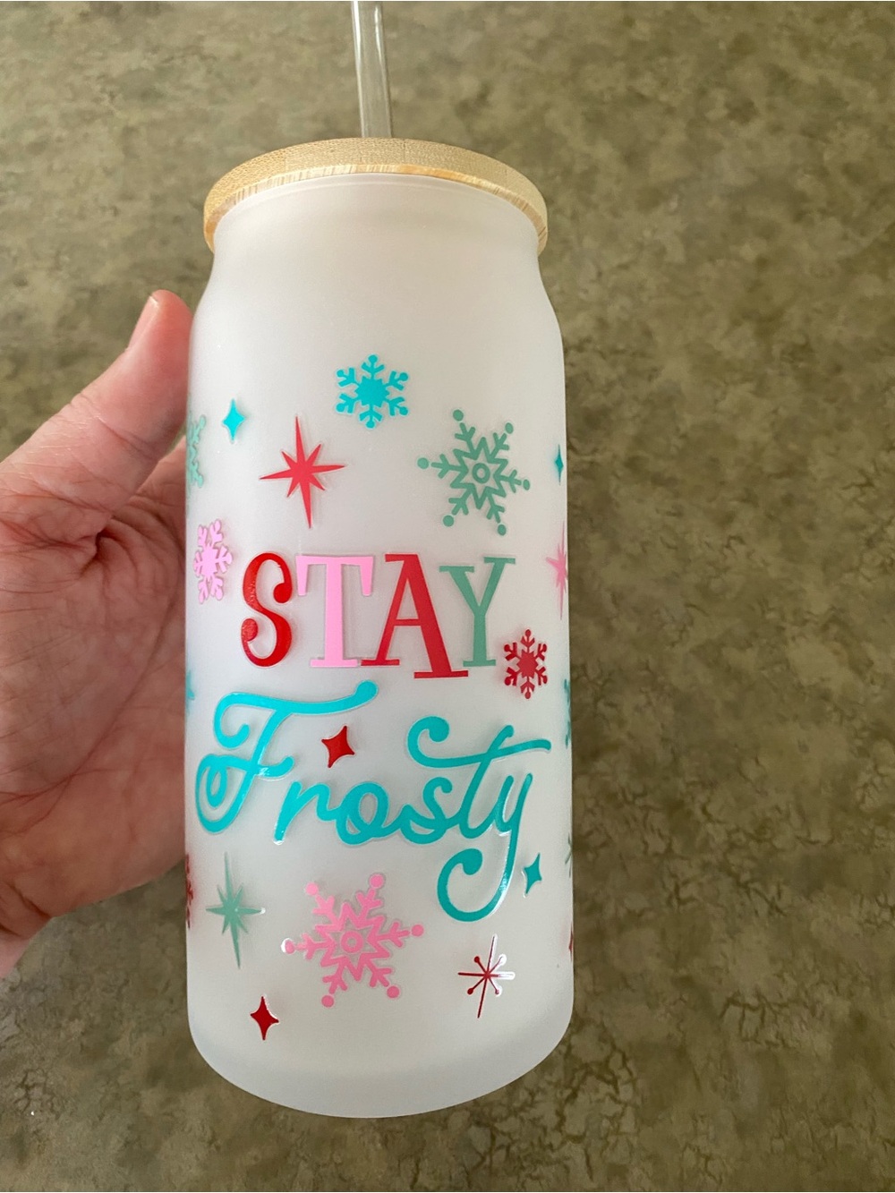 Stay Frosty Frosted Tumbler with Straw - Multicolor Snowflake Design